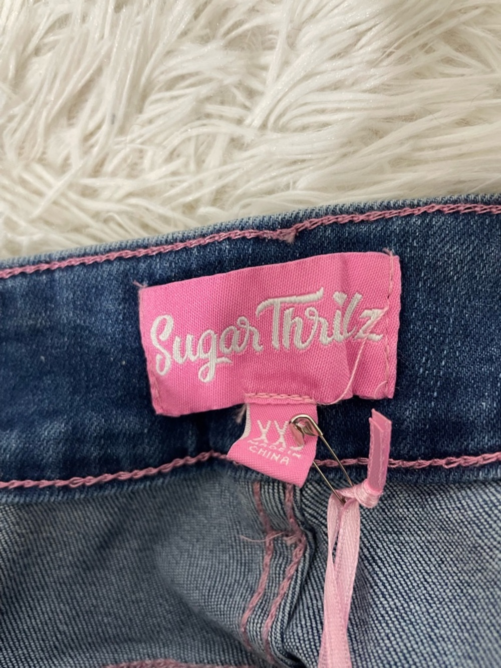 SUGAR THRILLZ Amazed Babe Corset Tie Low Rise Flare Jeans Blue Pink Size XXS - Picture 6 of 9